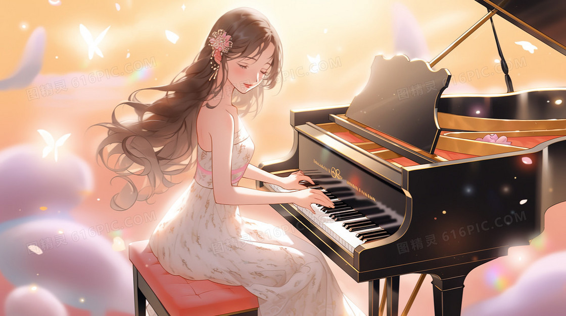 唯美漫画风美丽的女孩优雅的弹钢琴创意插画