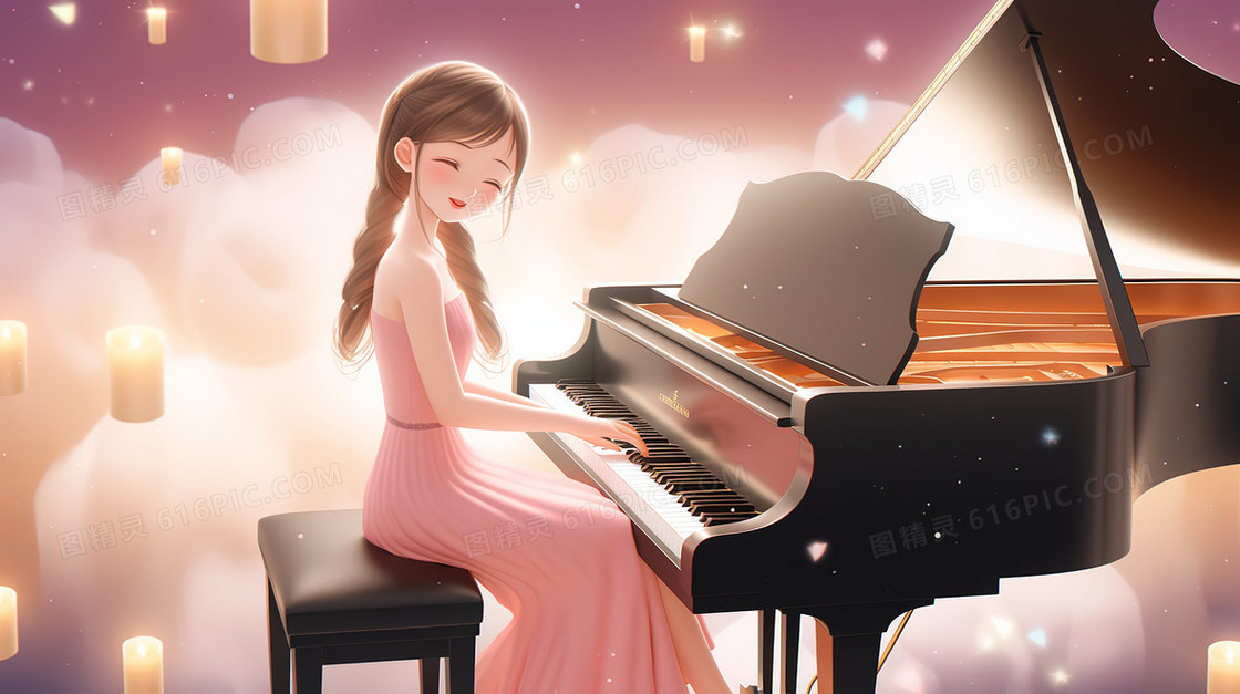 可爱的长发女孩穿着美丽的晚礼服在弹钢琴创意插画