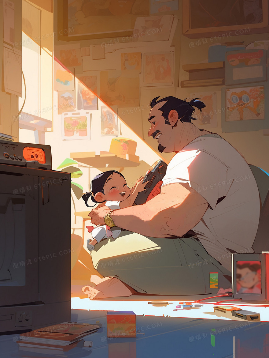 父亲节爸爸和女儿一起玩游戏机温馨插画