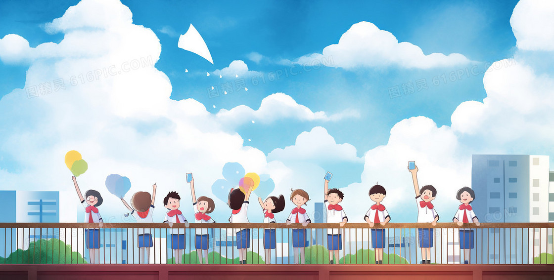 毕业季校园内教学楼学生站在围栏挥舞插画