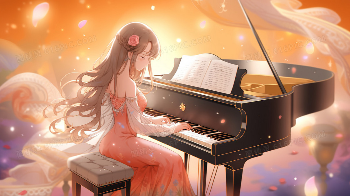 唯美漫画风美丽的女孩优雅的弹钢琴创意插画