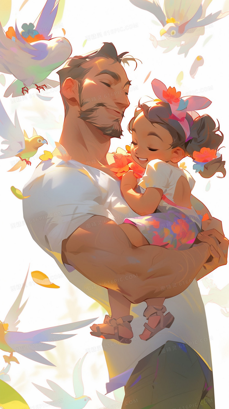 父亲节爸爸怀里抱着女儿玩耍温馨插画