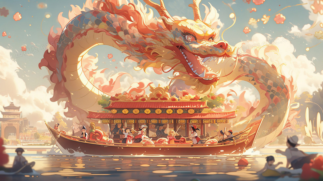 中国传统节日端午节巨龙和游船创意插画