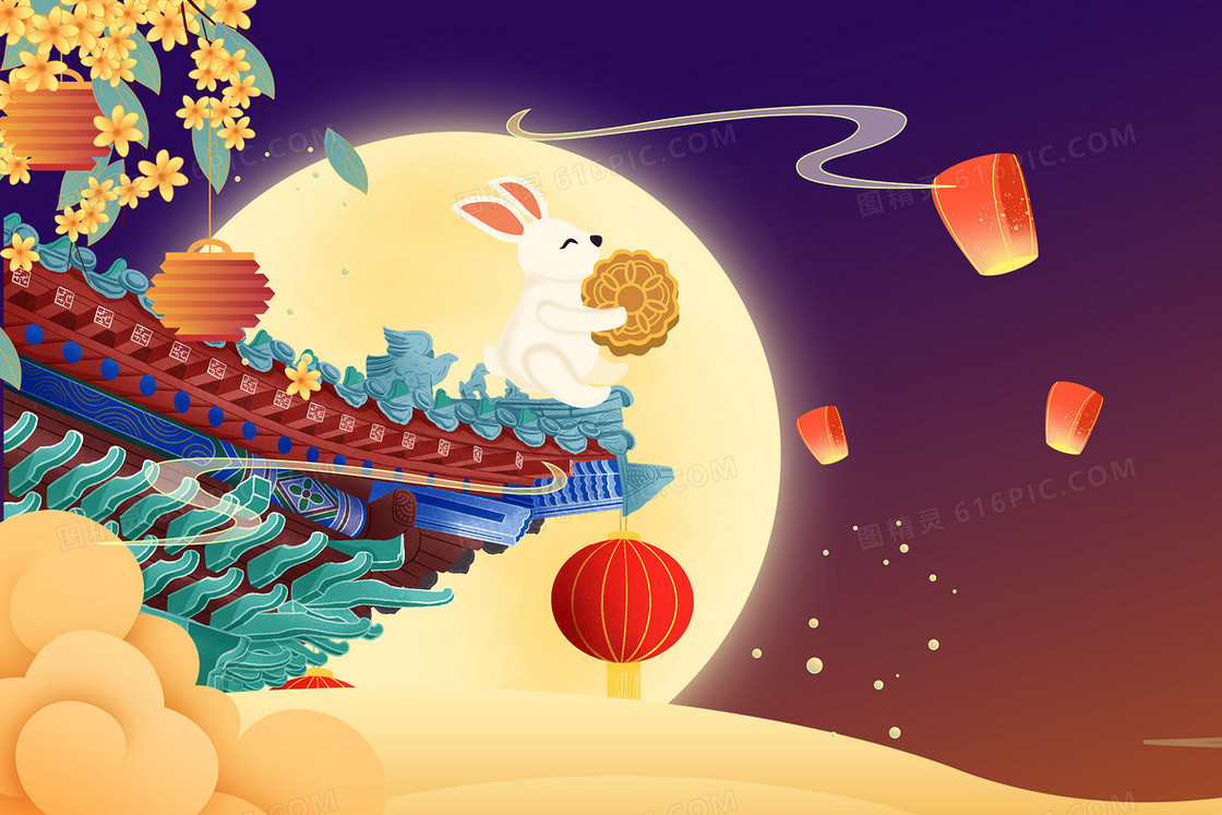 中国风屋顶中秋节玉兔赏月卡通插画