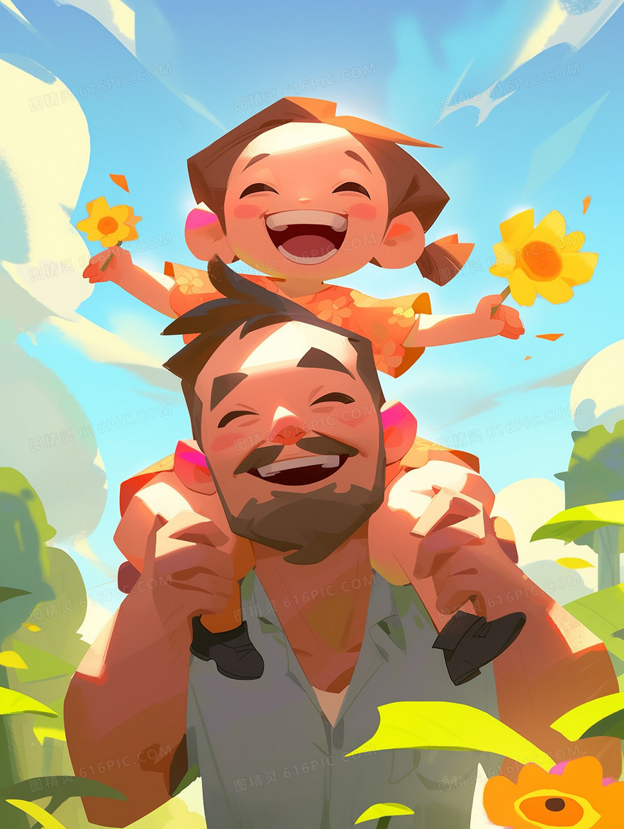 父亲节爸爸肩上扛着女儿开心的笑着插画