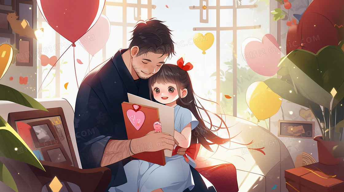 父亲和小女儿一起读父亲节贺卡插画