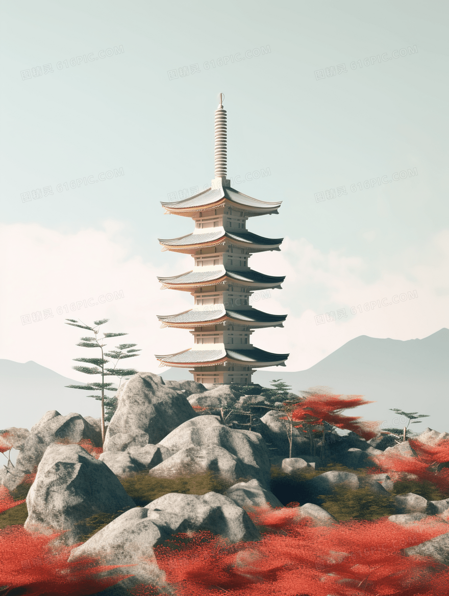 彩色中国风古典建筑塔风景插画