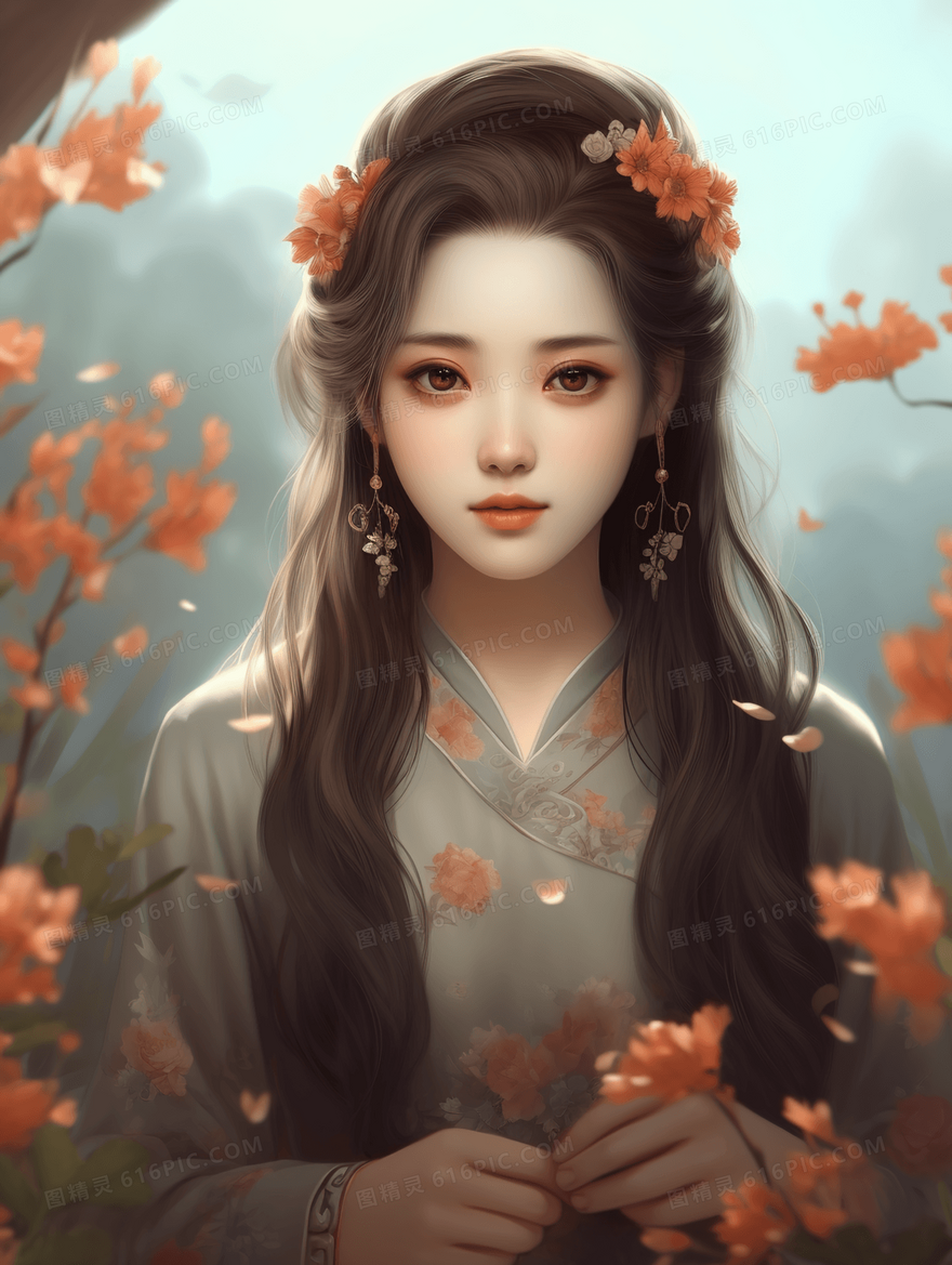 彩色中国风美女古风插画