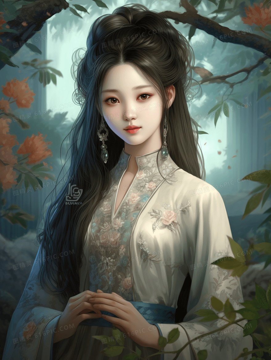 彩色中国风美女古风插画