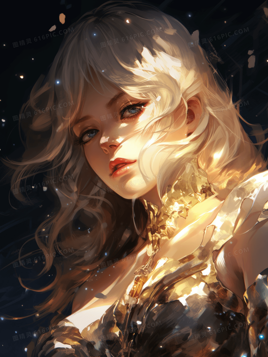 金色唯美手绘女孩插画
