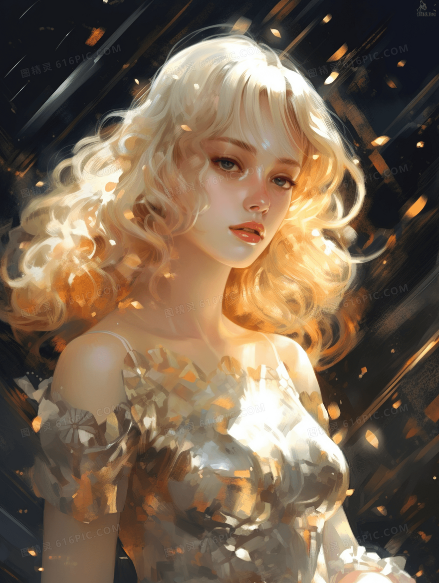 金色唯美手绘女孩插画