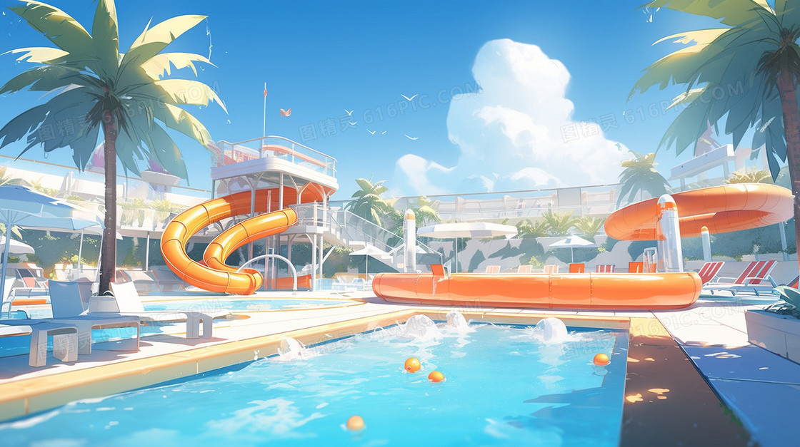 炎热夏天水上乐园里巨大的蓝色游泳池创意插画
