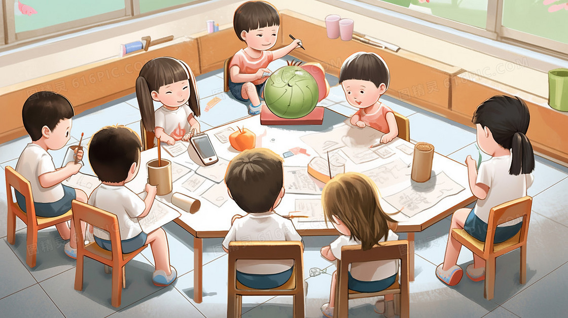 卡通可爱儿童在幼儿园教室里上课玩游戏创意插画
