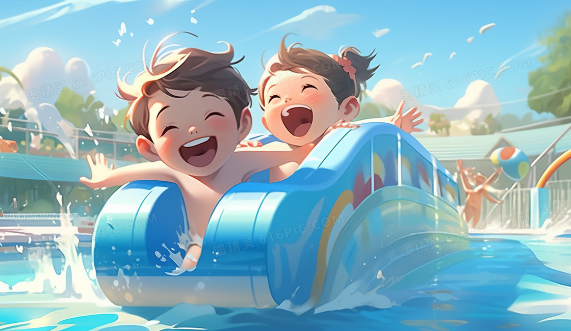 可爱的孩子们在夏日水上乐园开心的玩耍创意插画