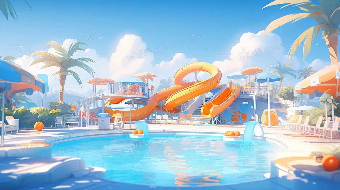 炎热夏天水上乐园里巨大的蓝色游泳池创意插画