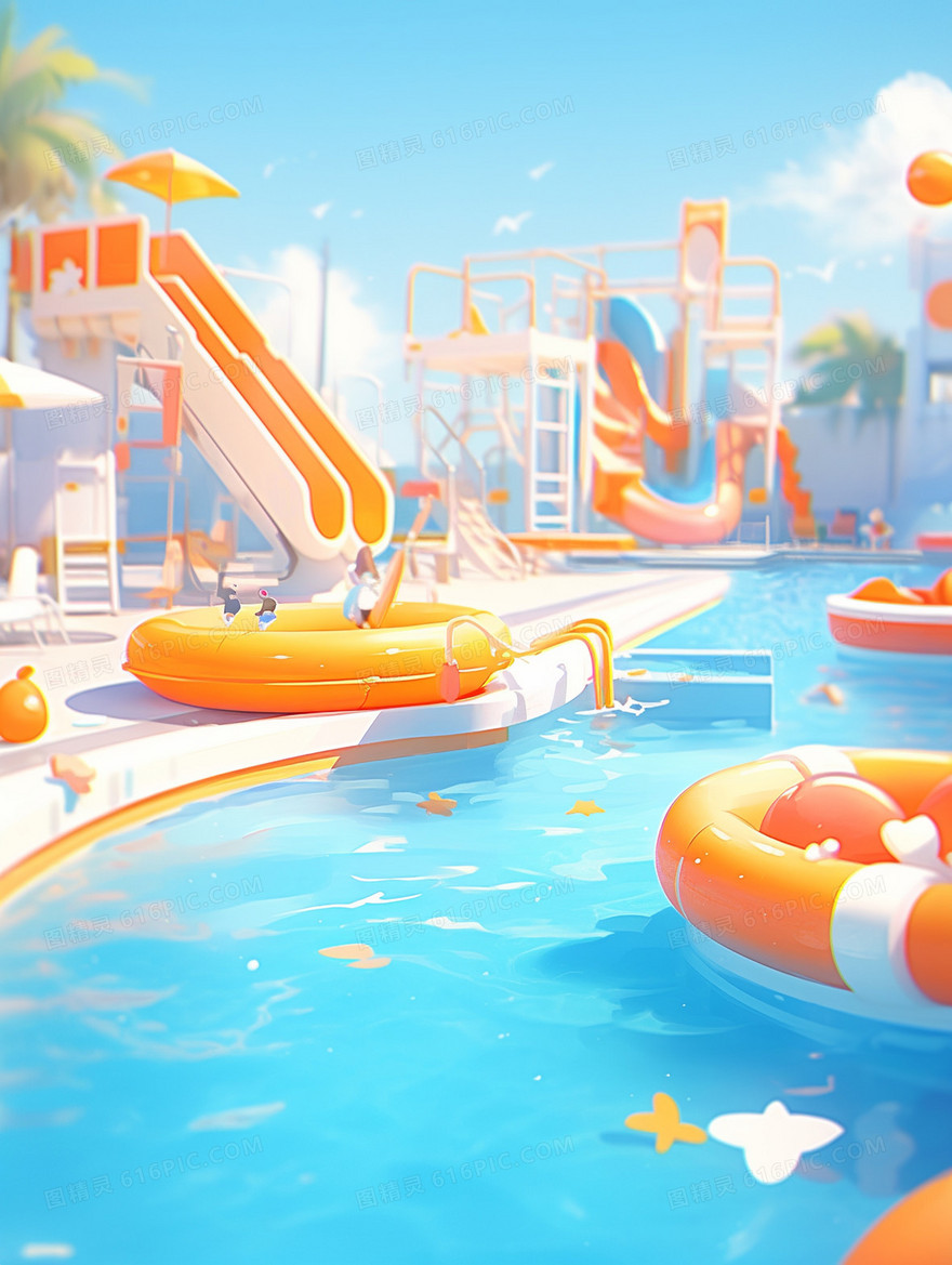 炎热夏天水上乐园里巨大的蓝色游泳池创意插画