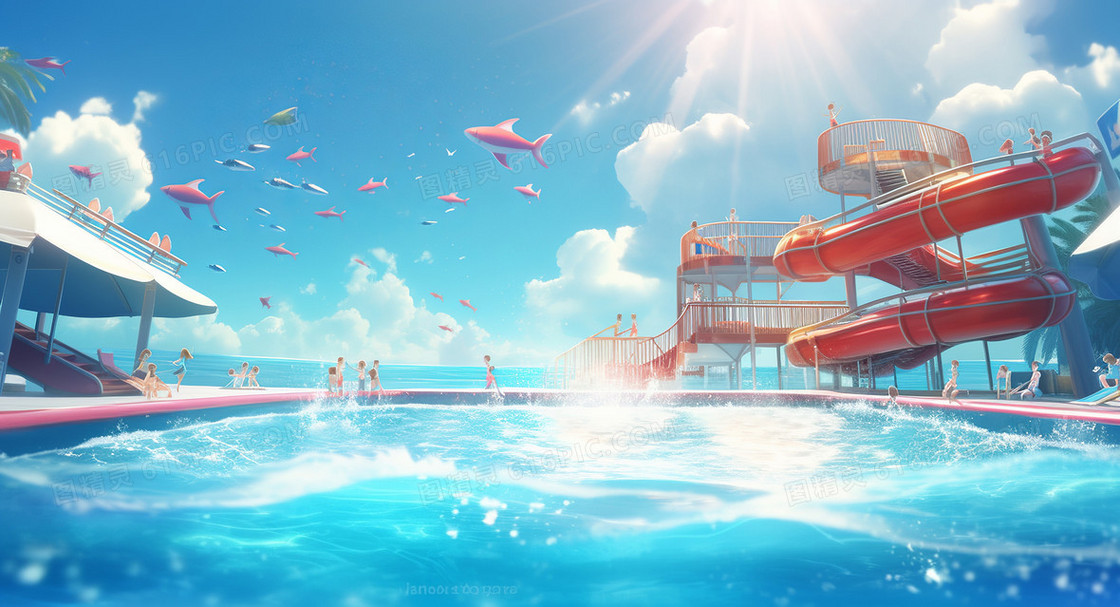 炎热夏天水上乐园里巨大的蓝色游泳池创意插画