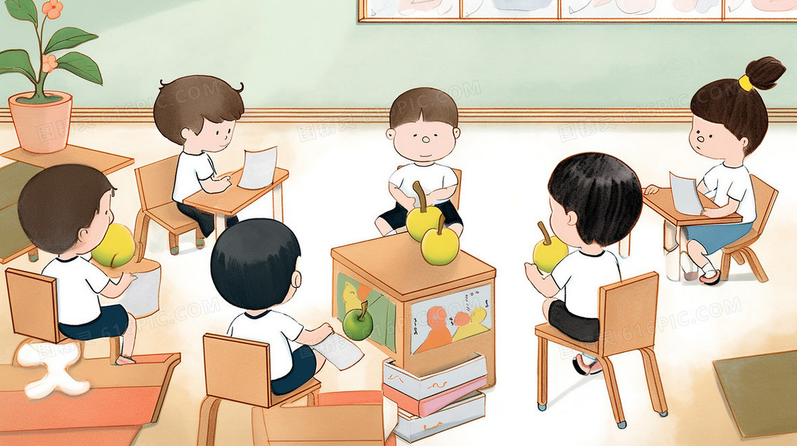 卡通可爱儿童在幼儿园教室里上课玩游戏创意插画