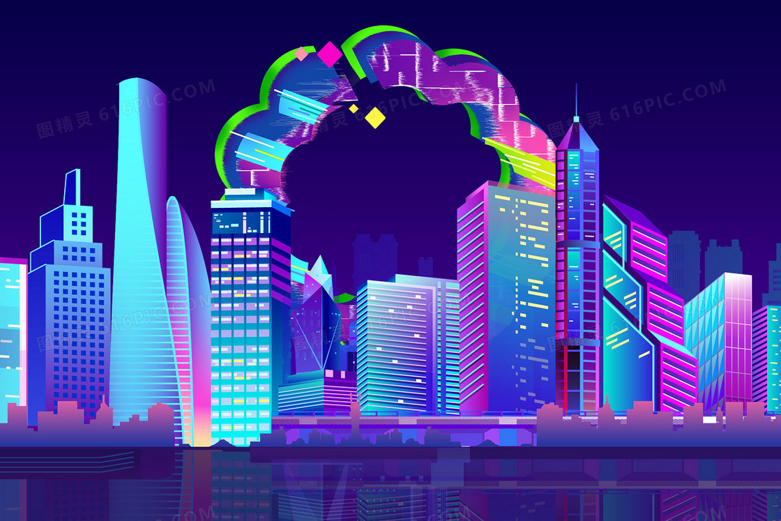 城市建筑赛博风格星空渐变插画