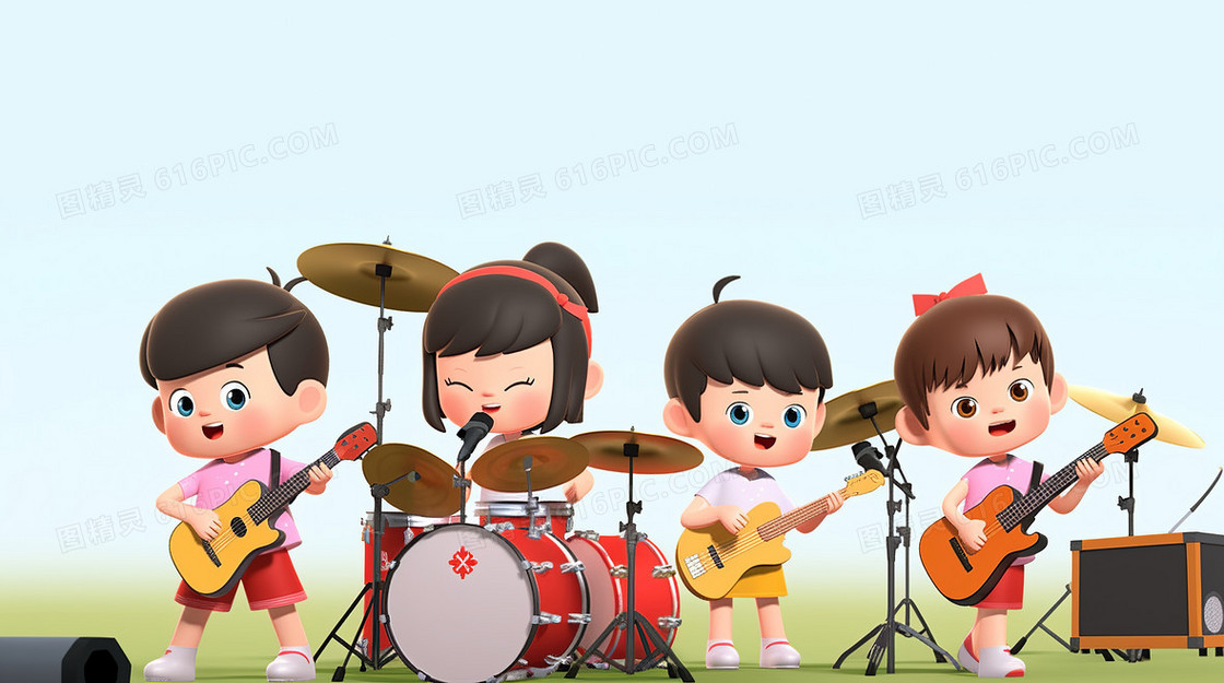 卡通可爱儿童乐队组合在表演节目创意插画