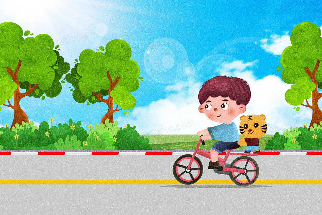 儿童骑自行车骑行户外活动插画
