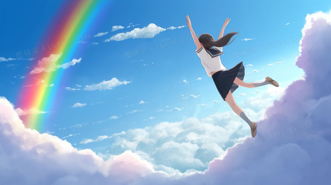 女孩拿到录取通知书开心的跳跃在空中创意插画