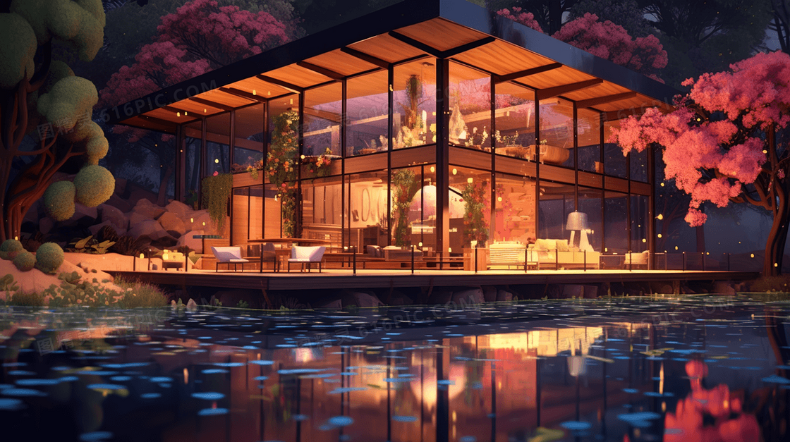 唯美别墅灯光夜景