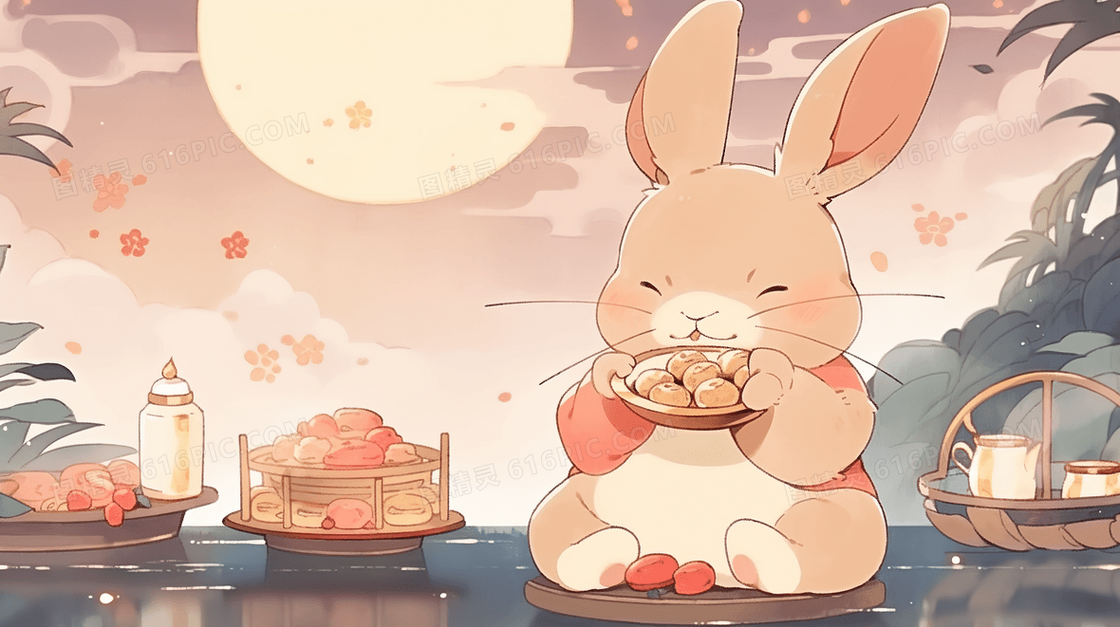 彩色中秋节兔子月饼插画