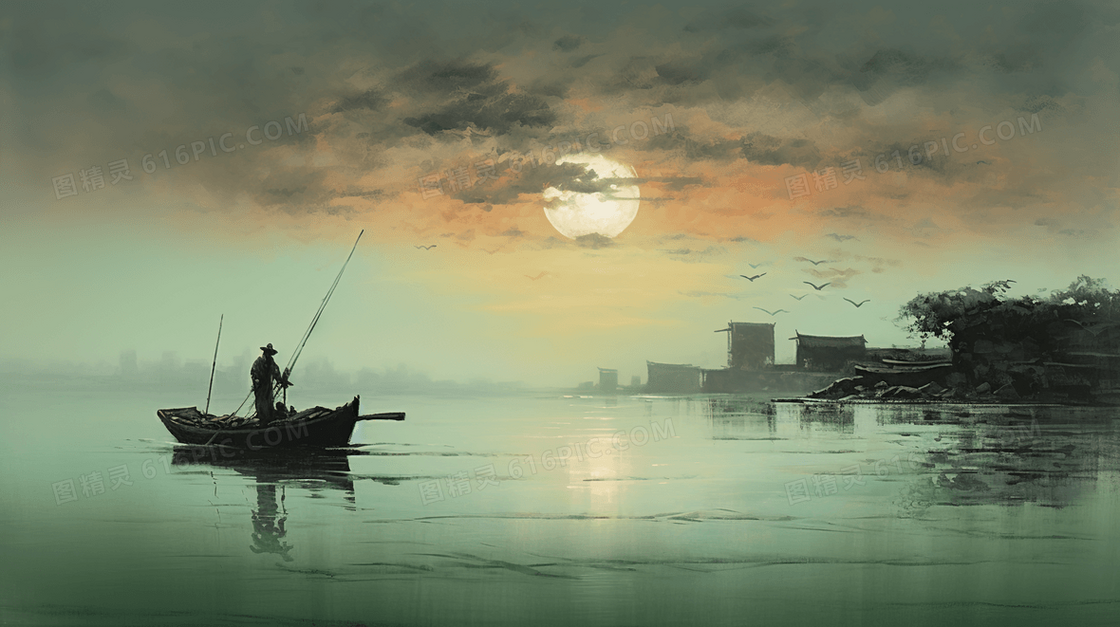 中国风古典泛舟湖上意境插画