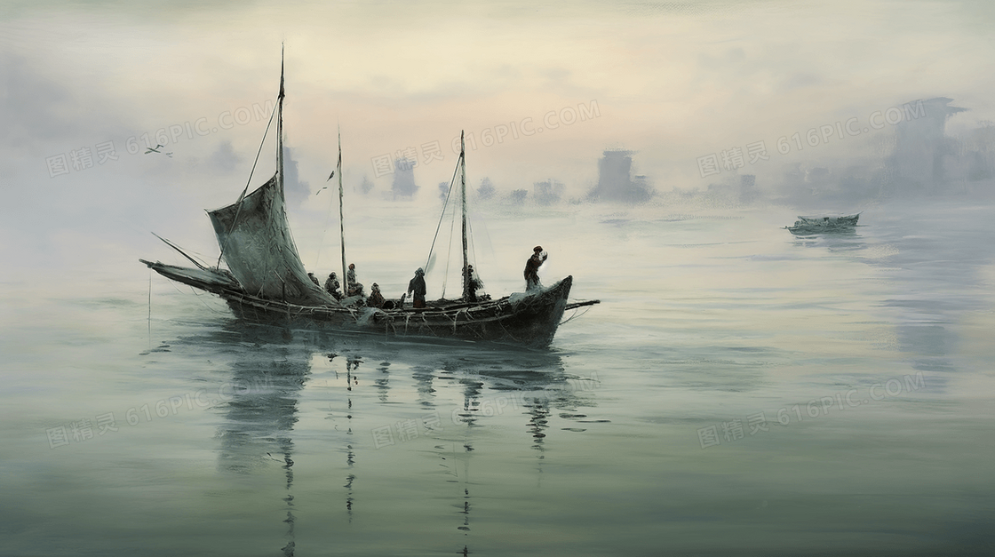 中国风古典泛舟湖上意境插画