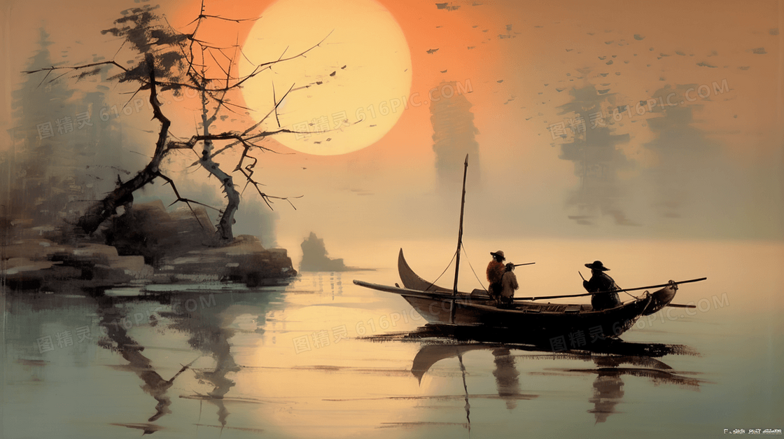 中国风古典泛舟湖上意境插画