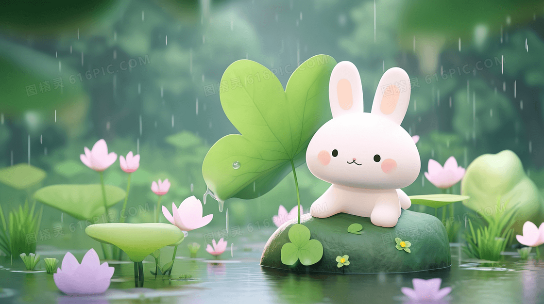 绿色夏季唯美卡通可爱小兔子