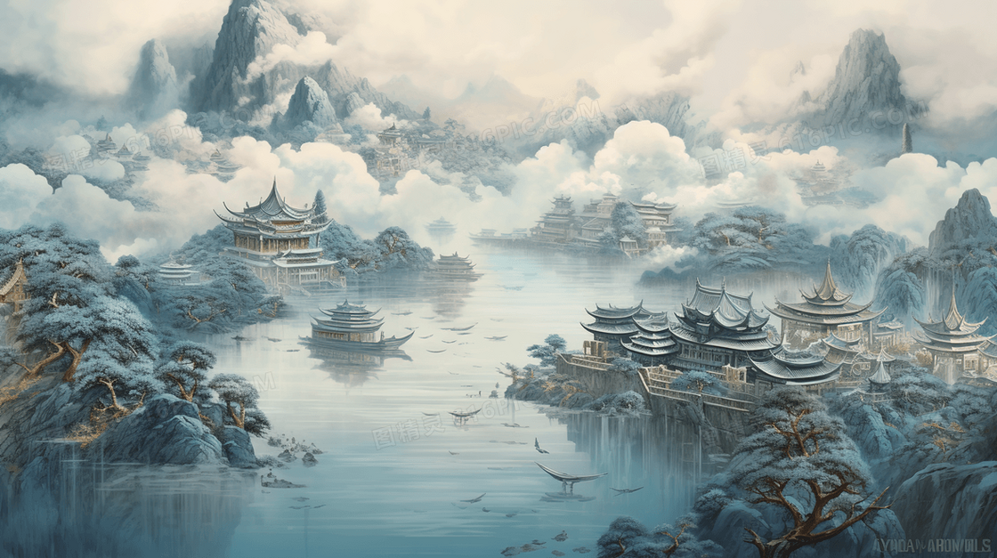 传统中国风古典建筑风景插画