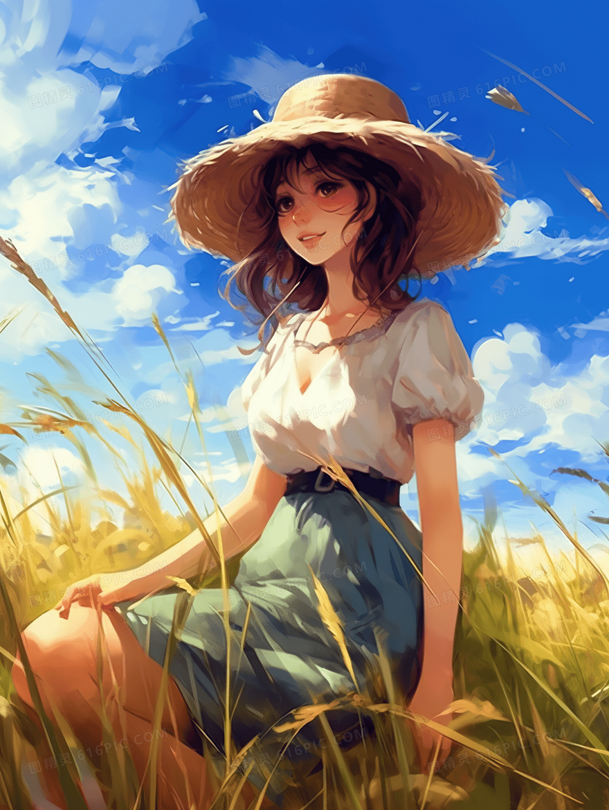 夏季女孩田野唯美插画
