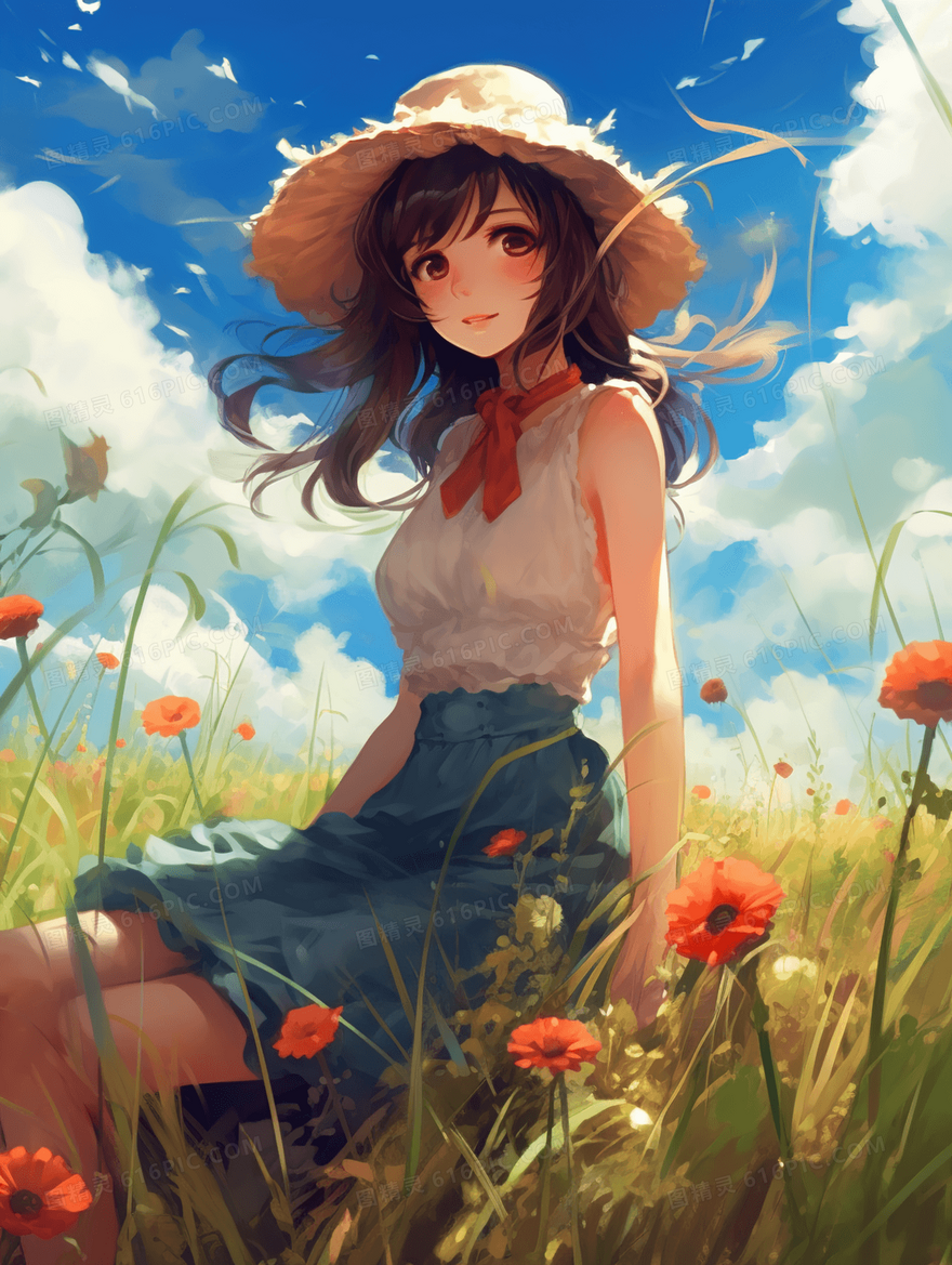 夏季女孩田野唯美插画