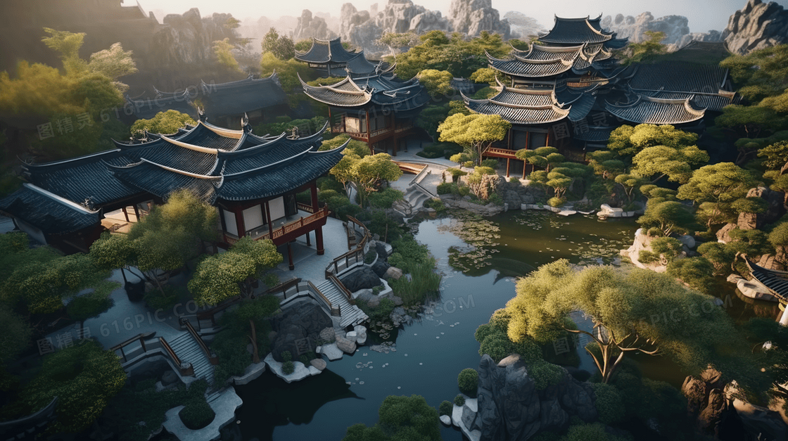 中国风山水园林风景