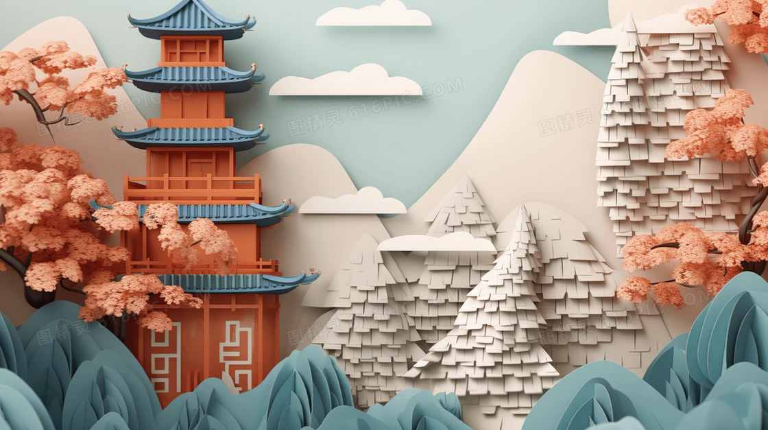 彩色古典建筑塔风景插画