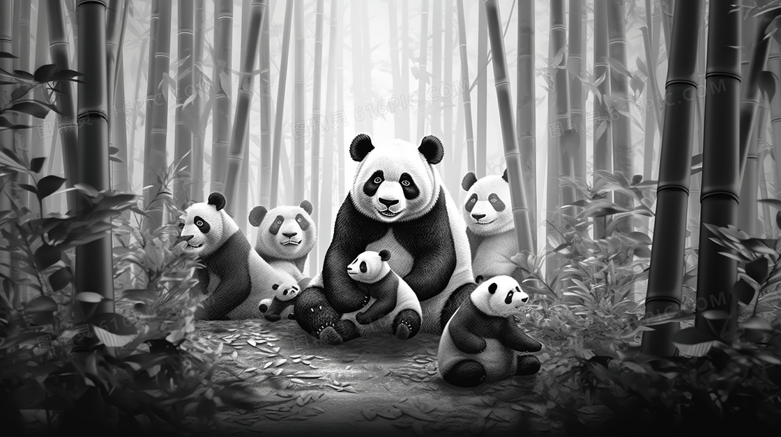 黑白风格熊猫动物插画