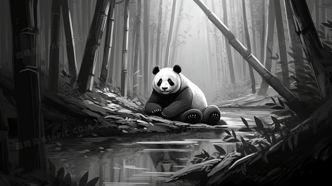 黑白风格熊猫动物插画
