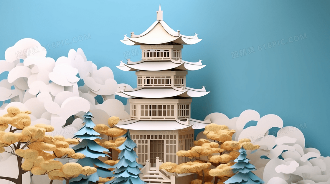 彩色古典建筑塔风景插画