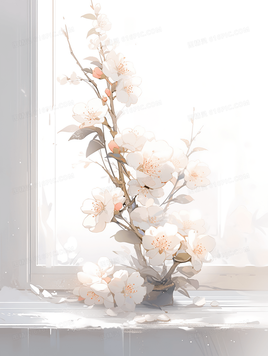 唯美清新桃花插花特写创意插画