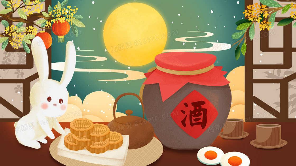 中式窗户中秋节玉兔酿酒吃月饼插画
