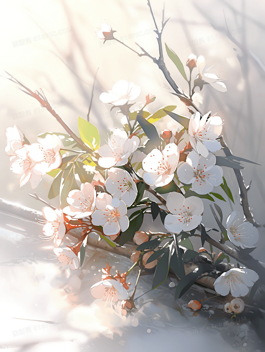 唯美清新桃花插花特写创意插画