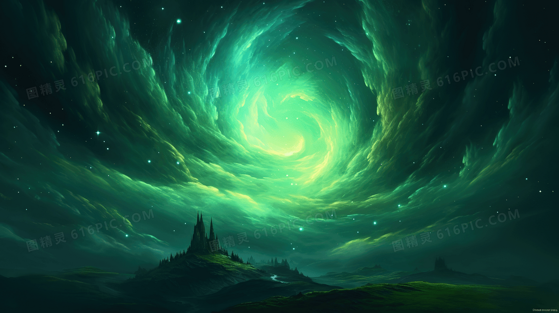 唯美梦幻的绿色星云星空下的城堡创意插画
