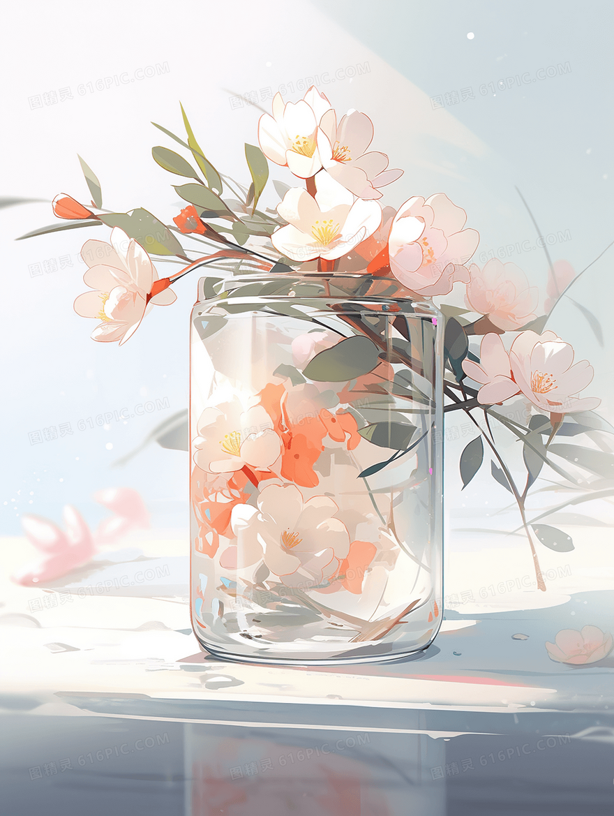 唯美清新桃花插花特写创意插画