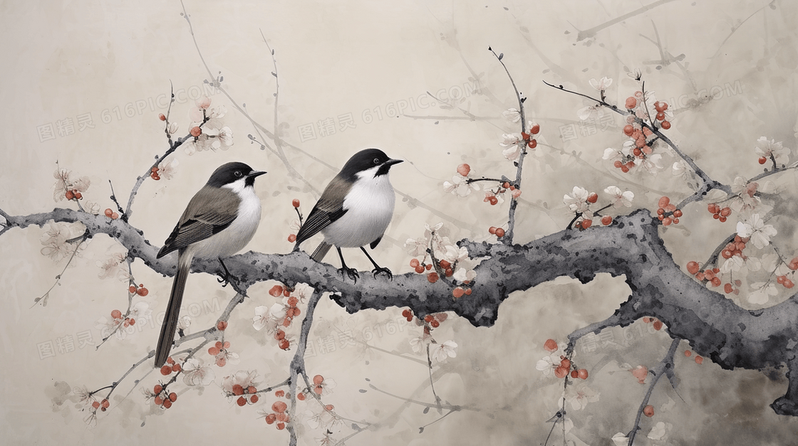 中国风花鸟绘画插画