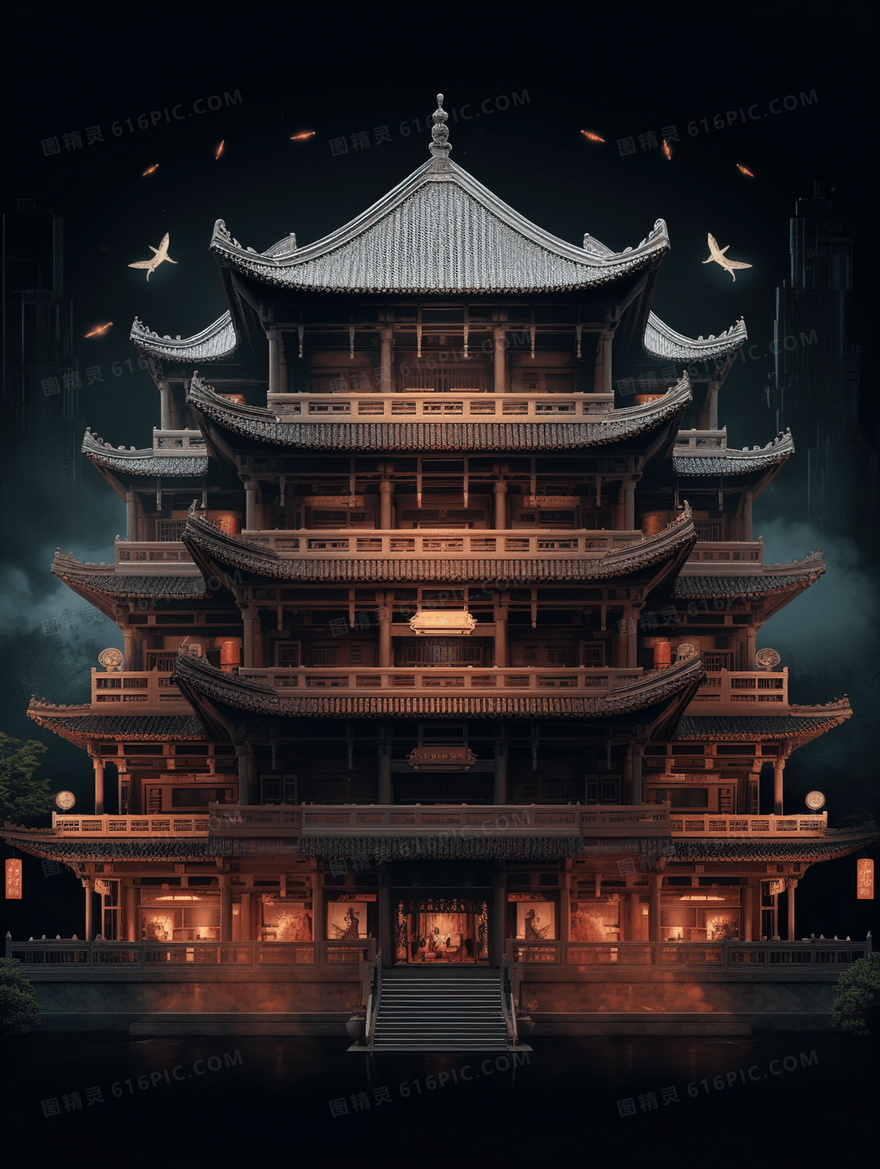 中国风古楼古建筑创意插画