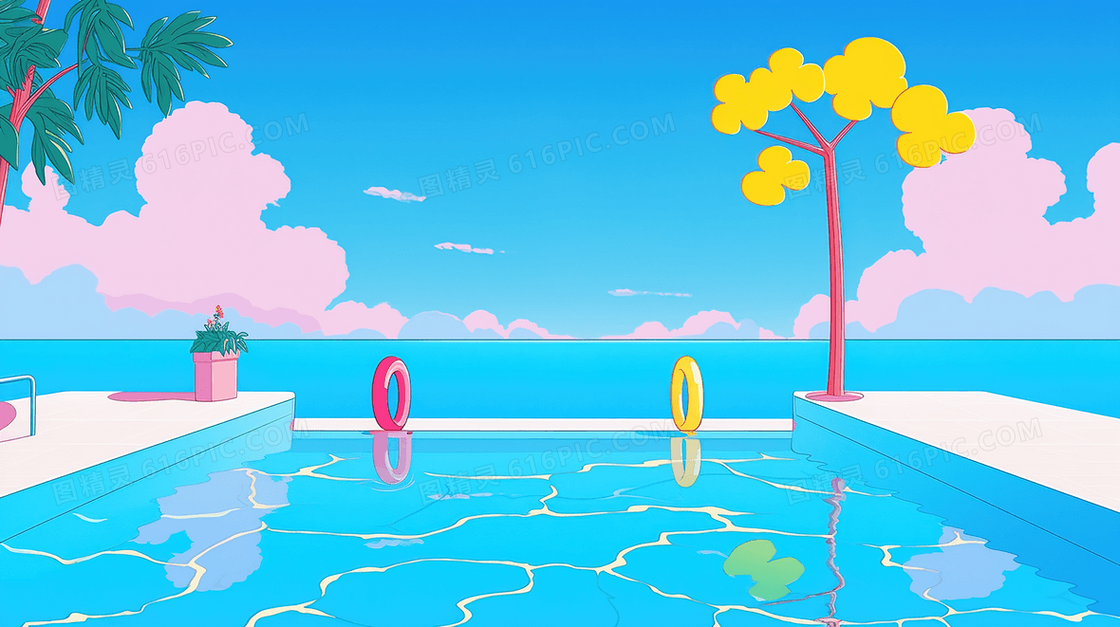 彩色缤纷夏日扁平化泳池度假插画