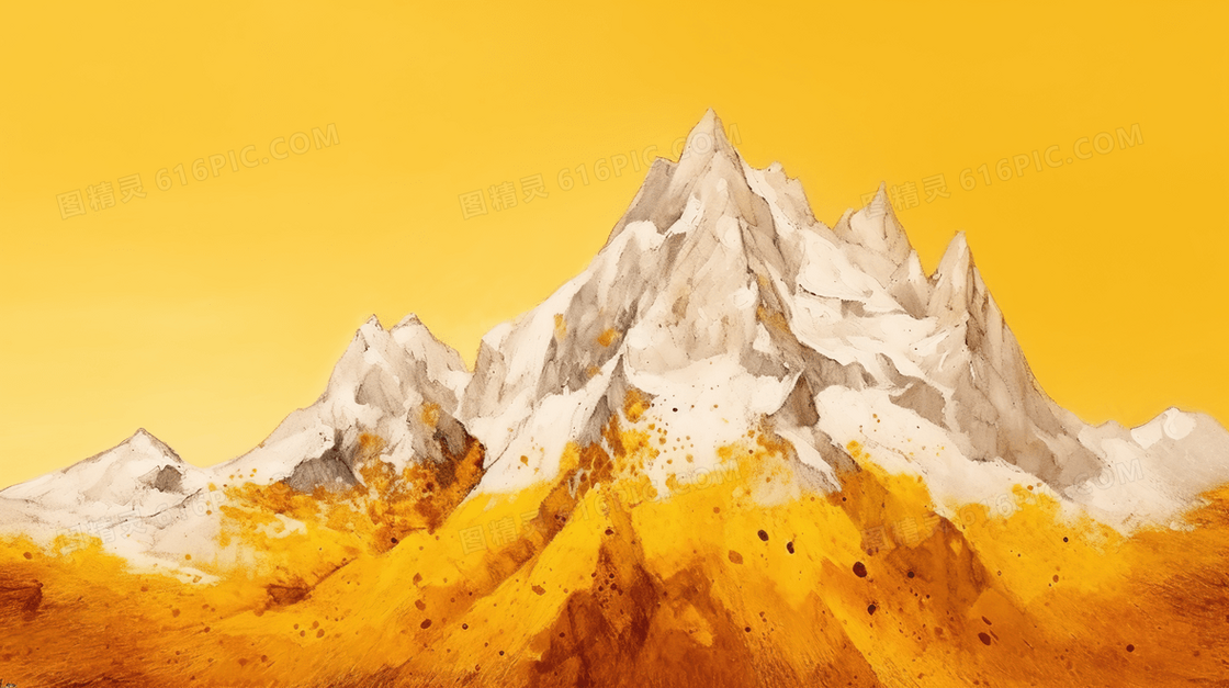 巍峨的山峰下布满了金色的植物风景插画