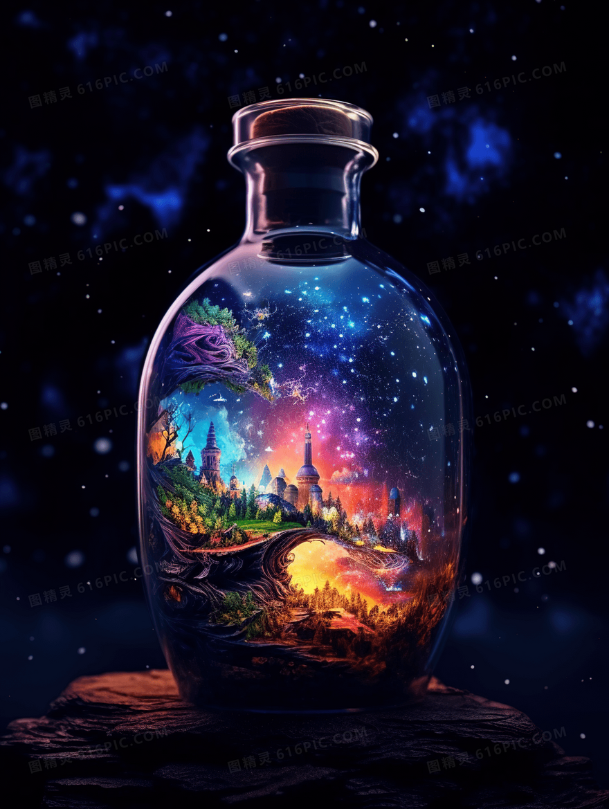 彩色艺术感梦幻漂流瓶插画